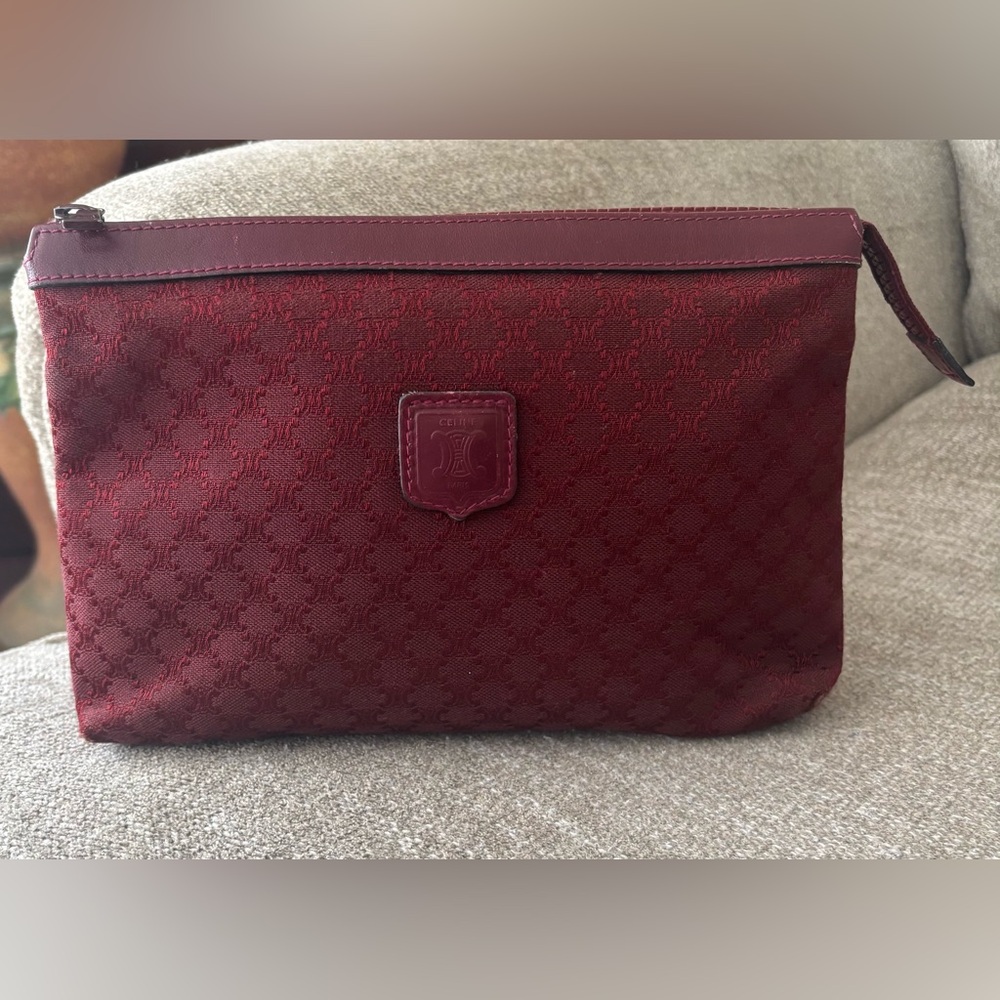 ✨CELINE Vintage Burgundy Macadam
Monogram Makeup Pouch Accessory Bag Clutch RARE